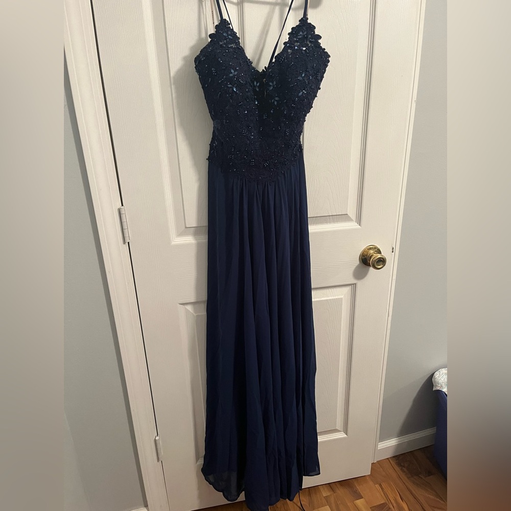 Faviana Formal Navy Dress. Shear beaded lace. Sz 8